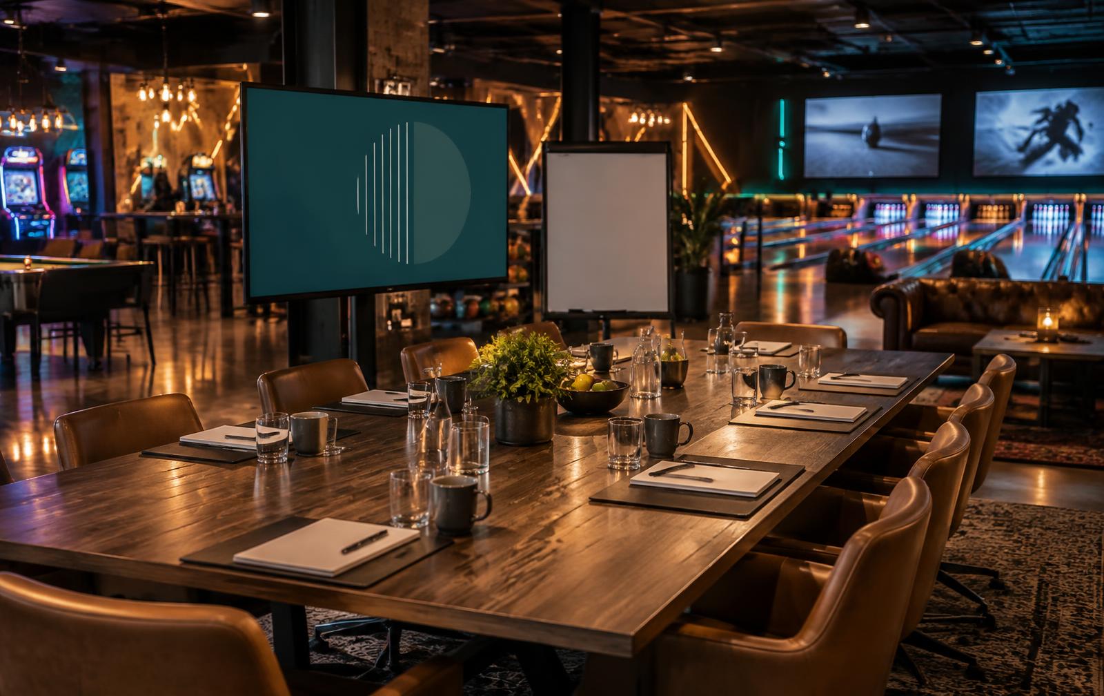 Meeting setup beside the bowling lanes and bar at GR8